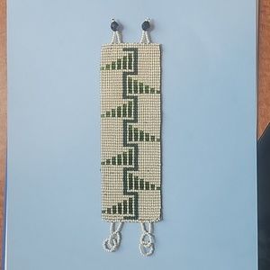 Seed Bead Cuff Bracelet with Cream, Green, Aqua Beads 6" x 2"